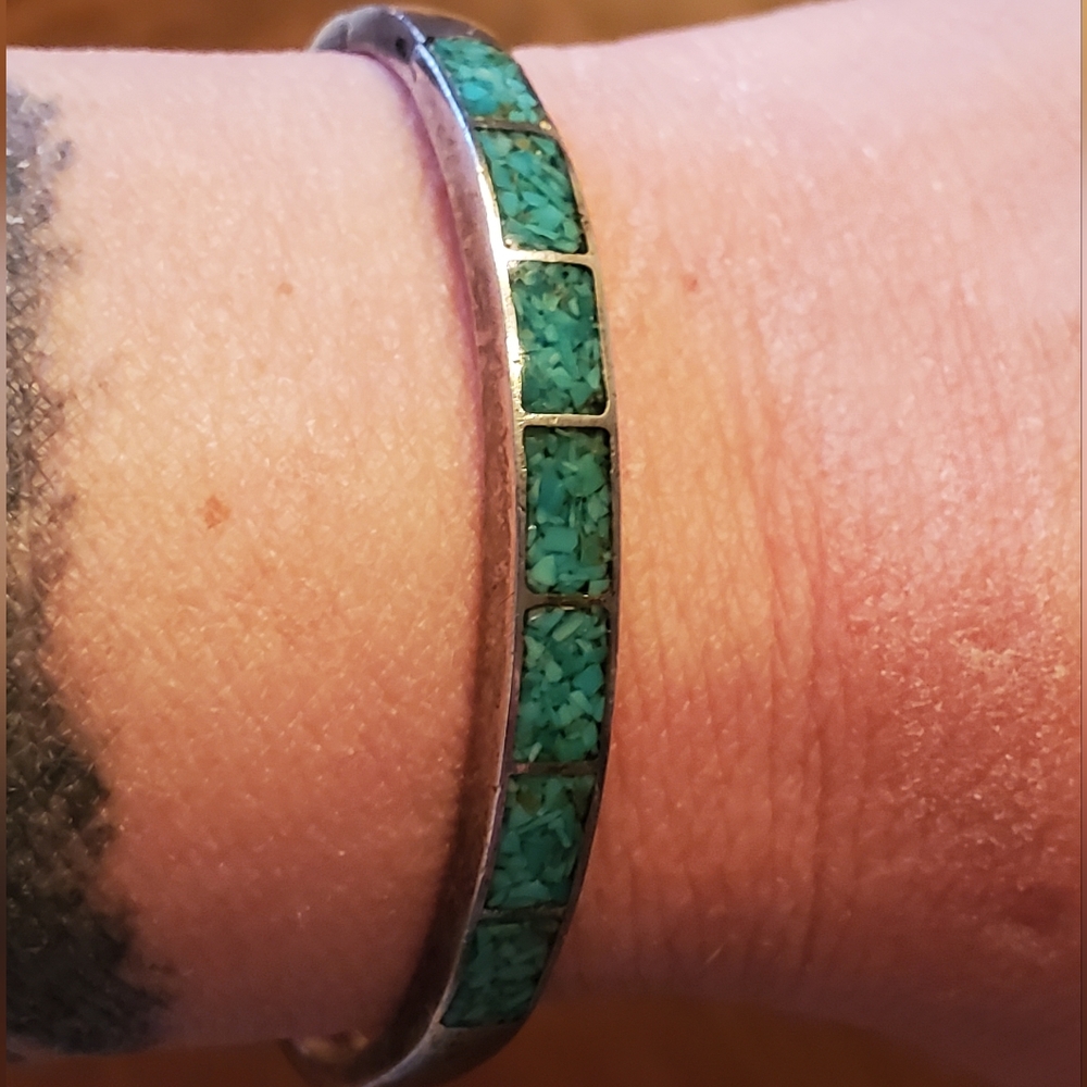 Navajo Vintage Sterling Silver Turquoise Inlay Cuff Bracelet - Picture 5 of 14